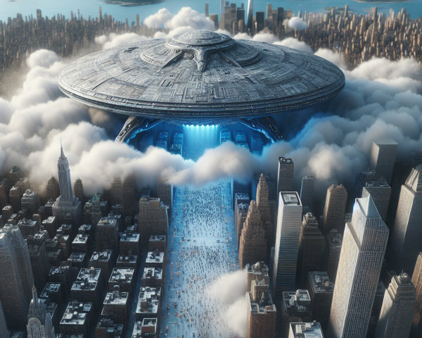 Futuristic UFO Over City with Bright Blue Light Beams