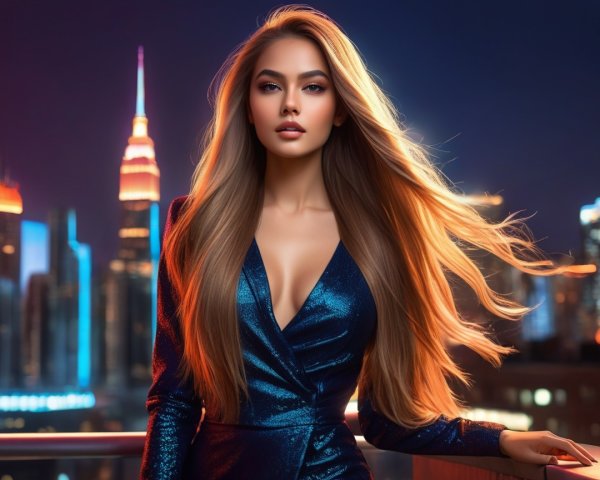 Elegant Woman in Blue Dress Against City Skyline