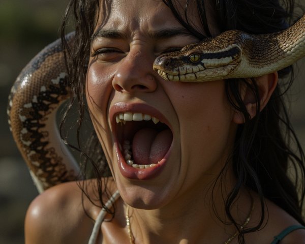 Woman with dark hair screaming, snake around her head
