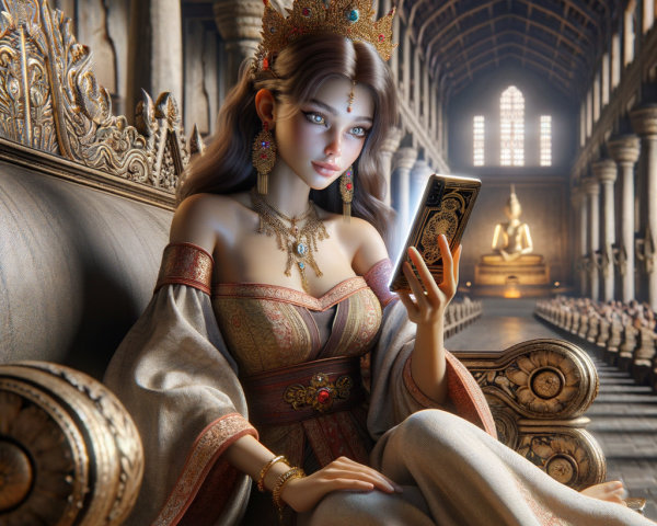 Regal Figure on Throne with Smartphone in Palace