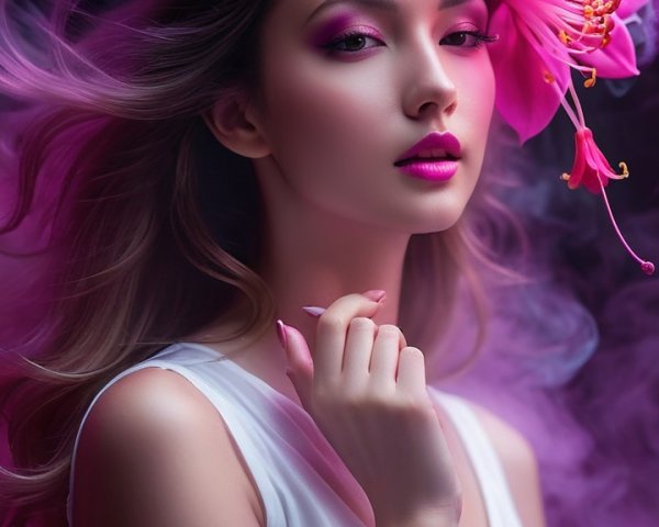 Portrait of a woman with flowing hair and pink flower