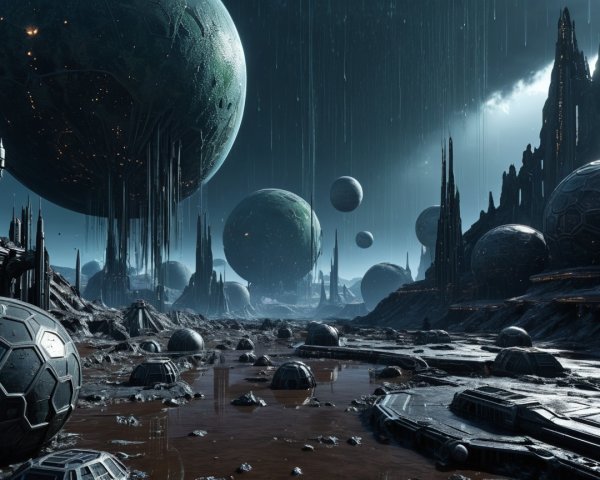 Sci-fi Landscape with Planets and Futuristic Structures