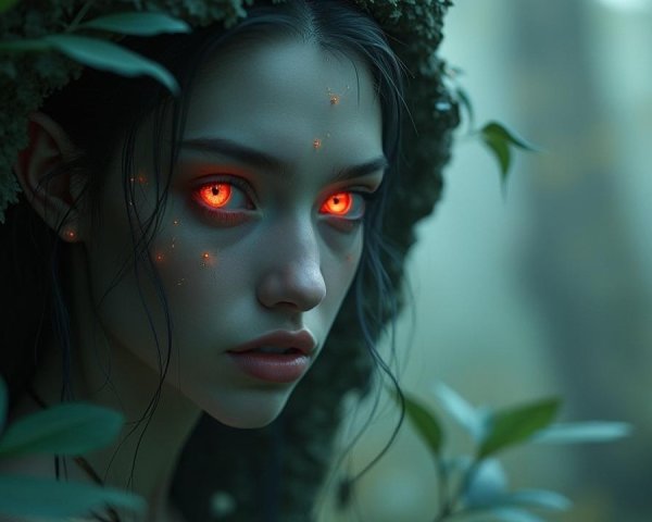 Young woman with red eyes in a mystical forest setting