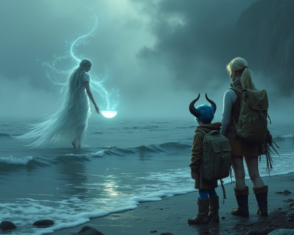 Ghostly Figure and Children by Foggy Ocean Shore
