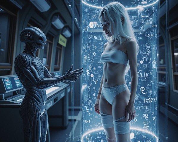 Futuristic Lab with Alien and Woman in Containment Chamber