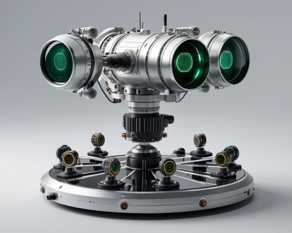 Futuristic Robotic Device with Green-Lit Lenses