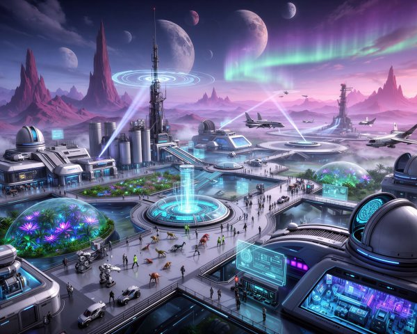 Futuristic cityscape on another planet with advanced technology