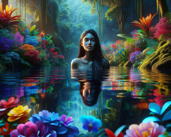 Young woman in vibrant jungle by reflective pool