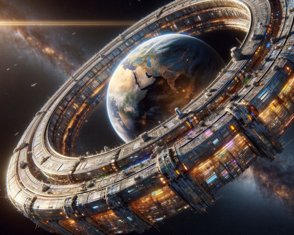 Futuristic Space Station Orbiting Earth with Stars