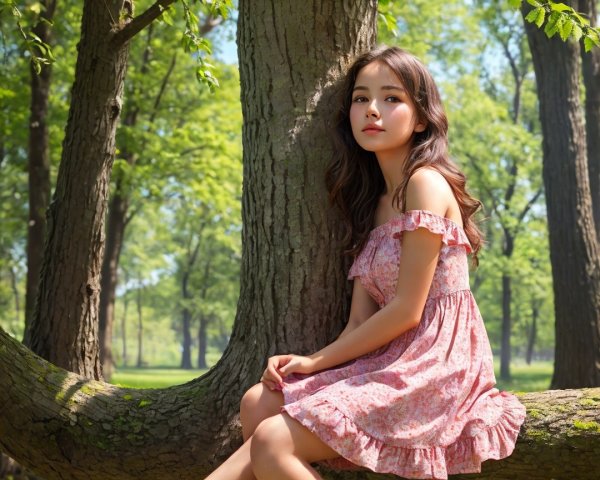Young woman in floral dress on tree branch in park