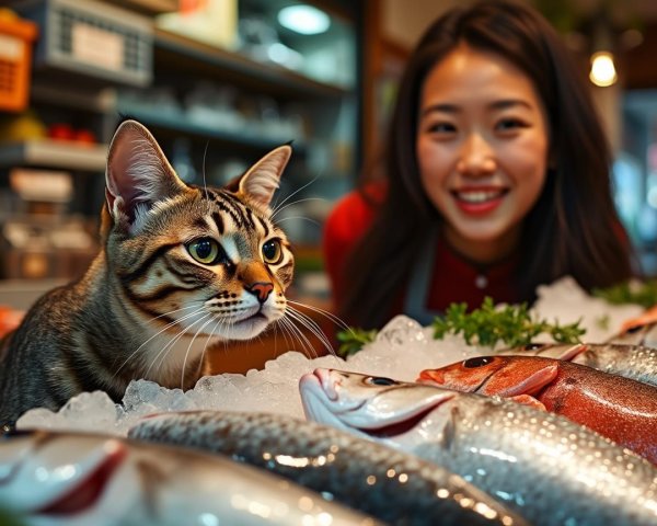 Cat Observing Fresh Fish in a Vibrant Market Scene