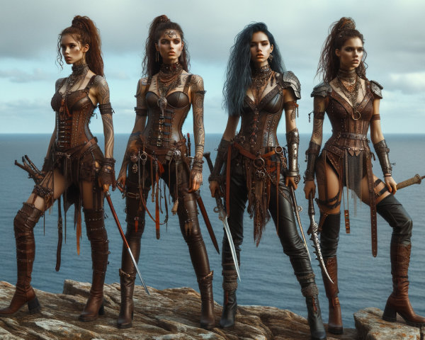 Warriors in Leather Armor on Cliff Overlooking Ocean