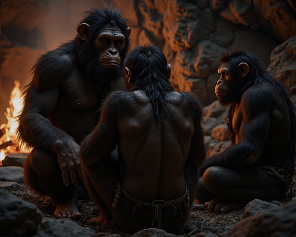 Humanoid Figures with Ape-Like Features in Cave Setting