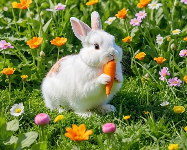 White Rabbit with Carrot in Colorful Flower Garden