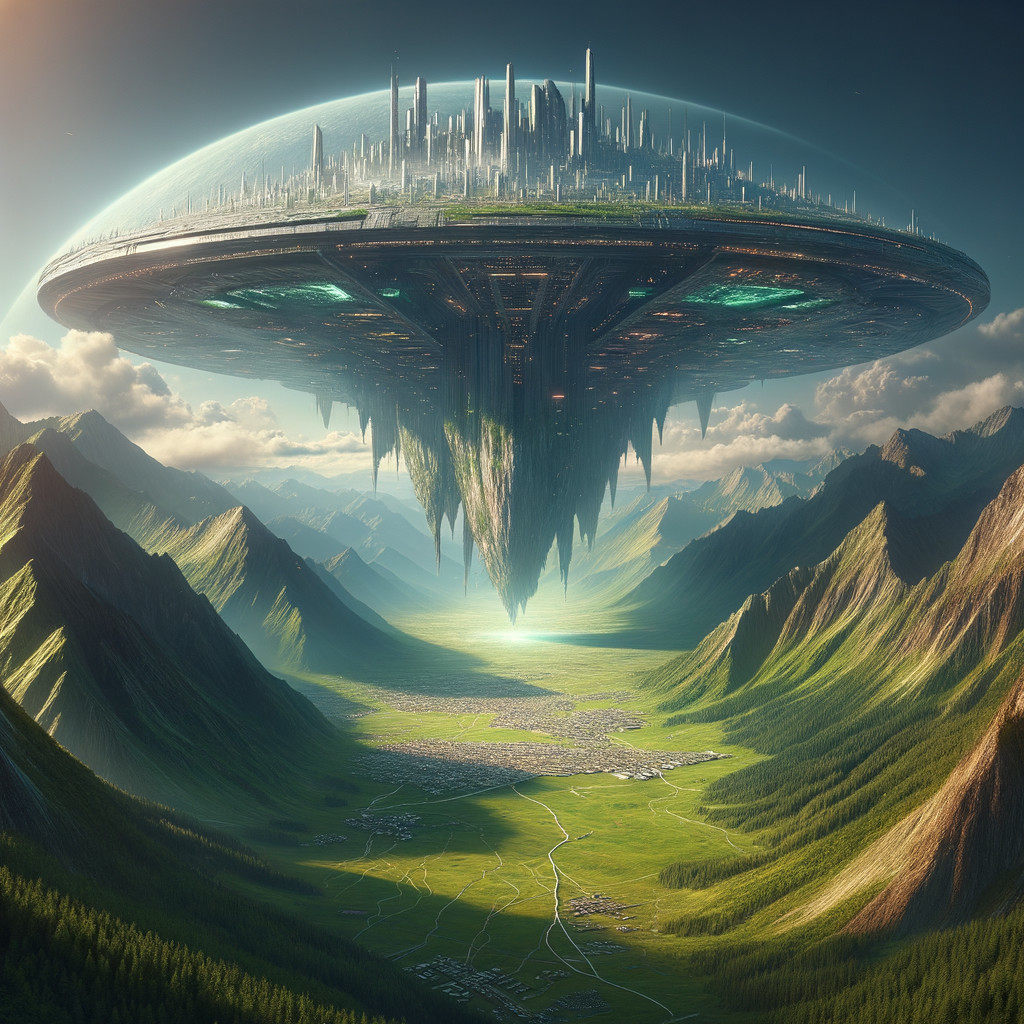 Futuristic City Above Lush Valley with Mountain Peaks