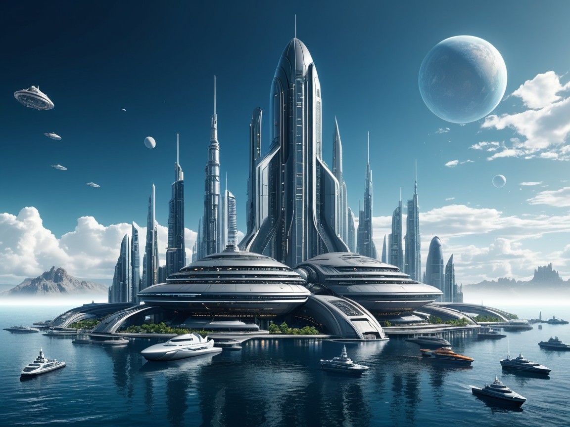 Futuristic cityscape with skyscrapers and skycraft