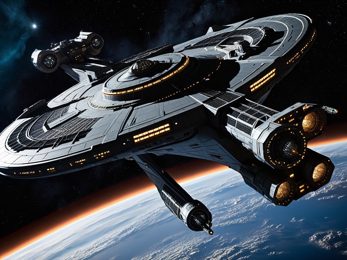 Futuristic Spaceship Orbiting Earth with Advanced Design