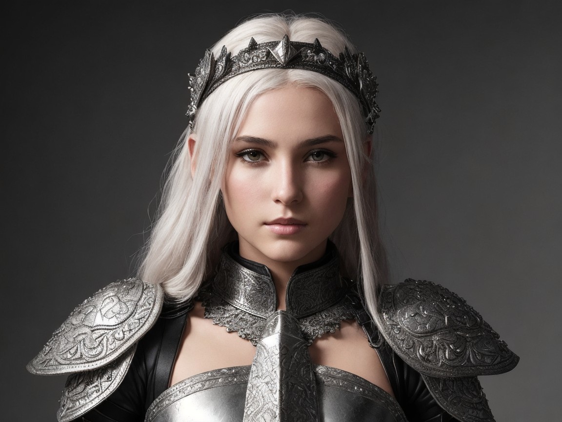 Regal figure in ornate silver armor with white hair