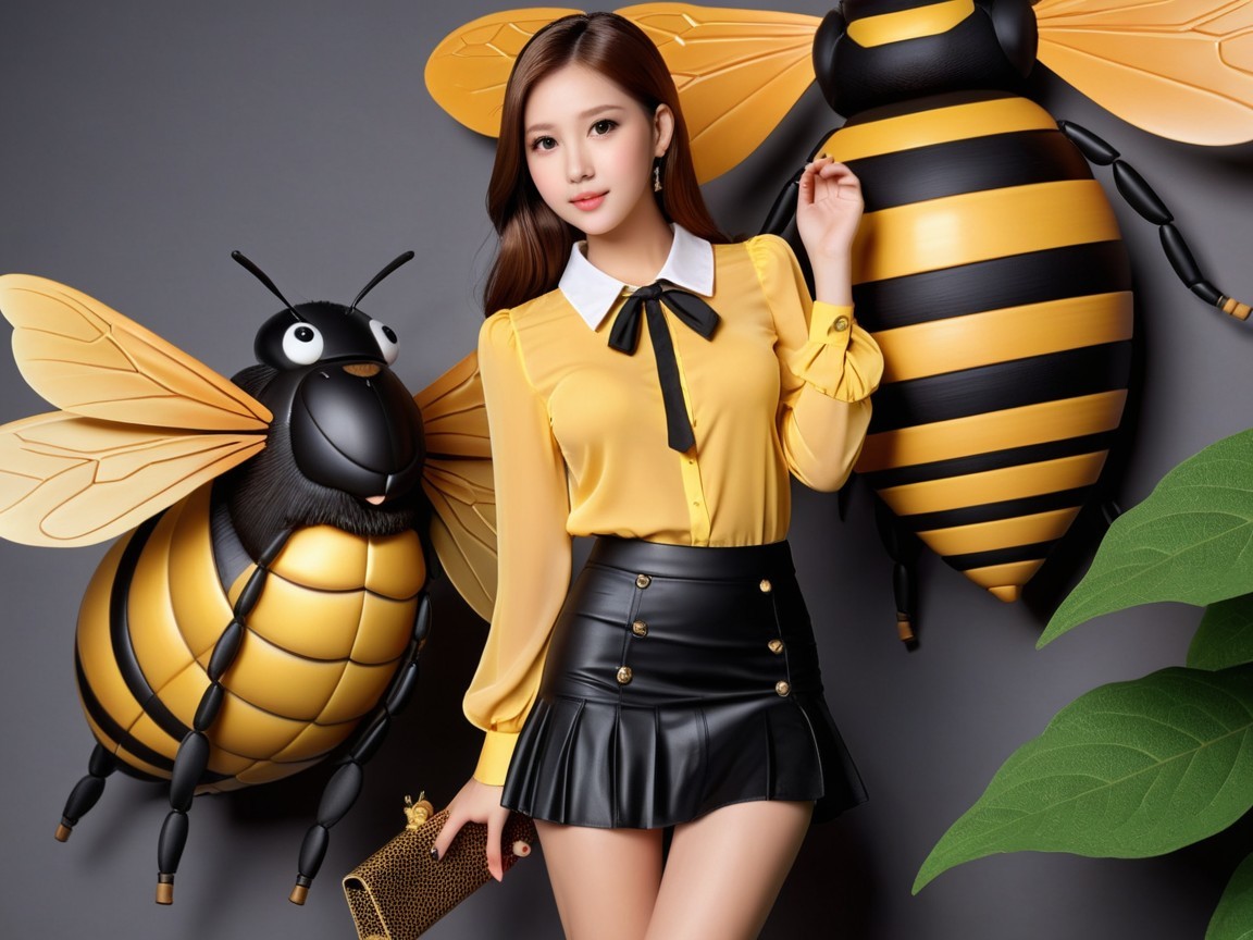 Stylish Woman in Yellow Blouse with Cartoon Bees