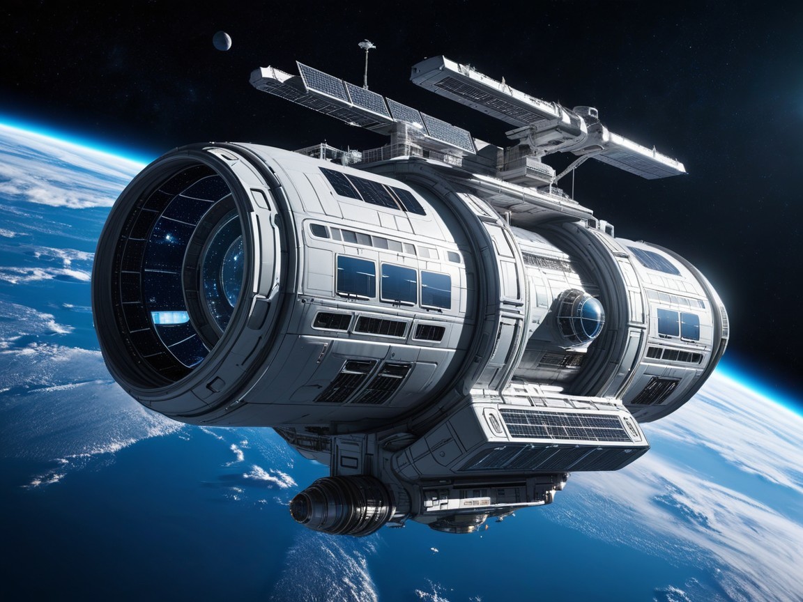 Futuristic spacecraft orbiting Earth with sleek design