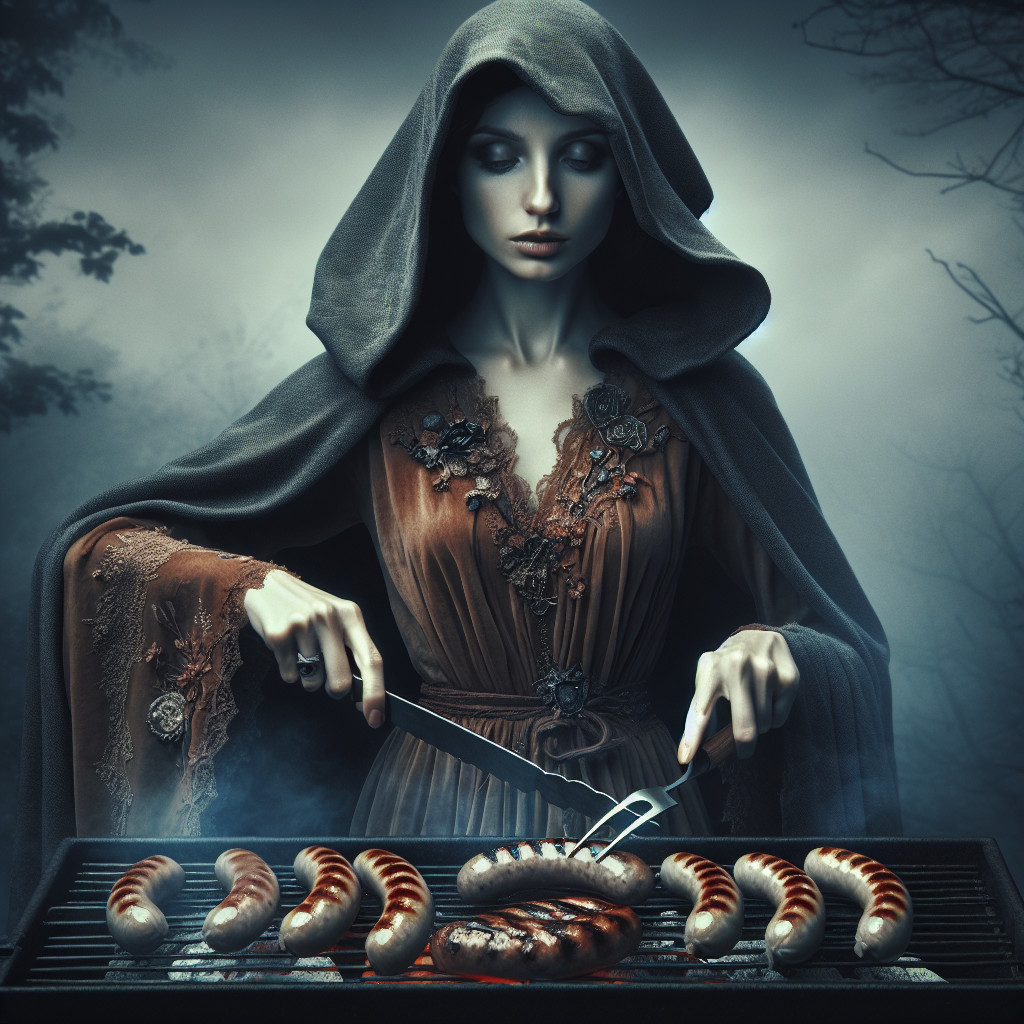 Mysterious Figure Grilling Sausages in Dim Forest
