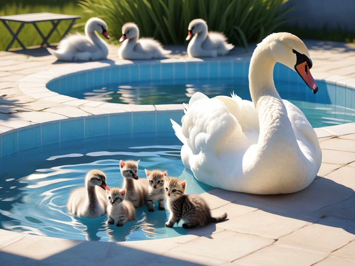 Swan and Kittens in Tranquil Poolside Setting