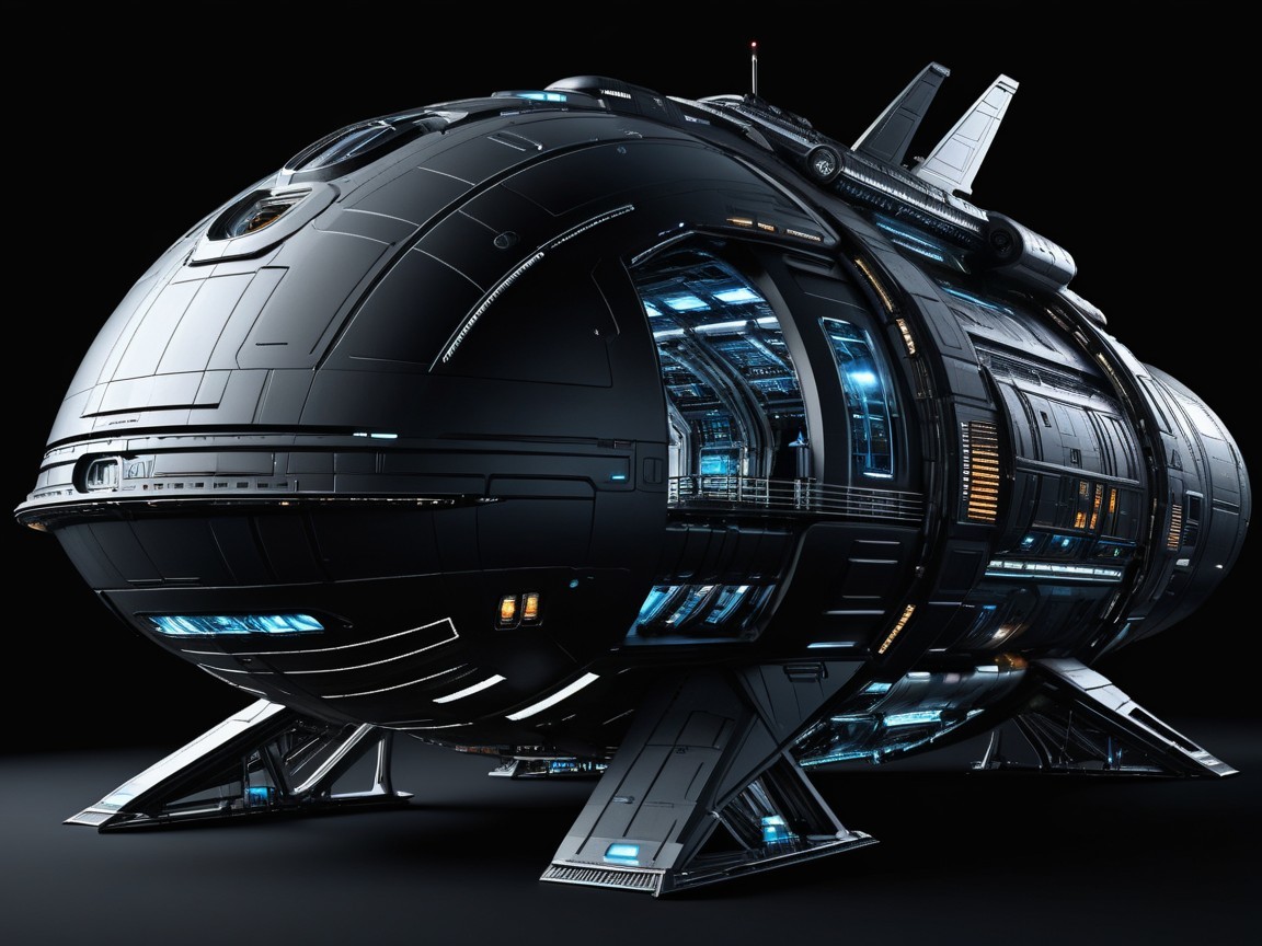 Futuristic Sleek Black Spaceship Design with Lights