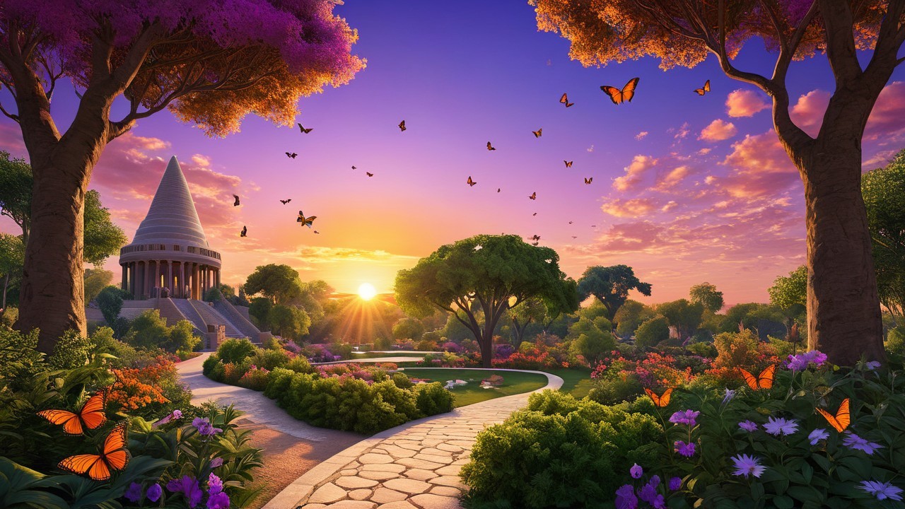 Serene Sunset Landscape with Flowers and Pagoda
