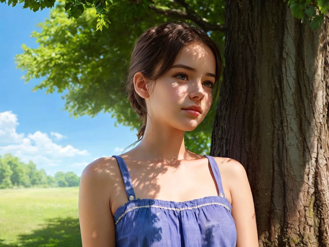 Young woman in blue sundress by large tree in sunlight