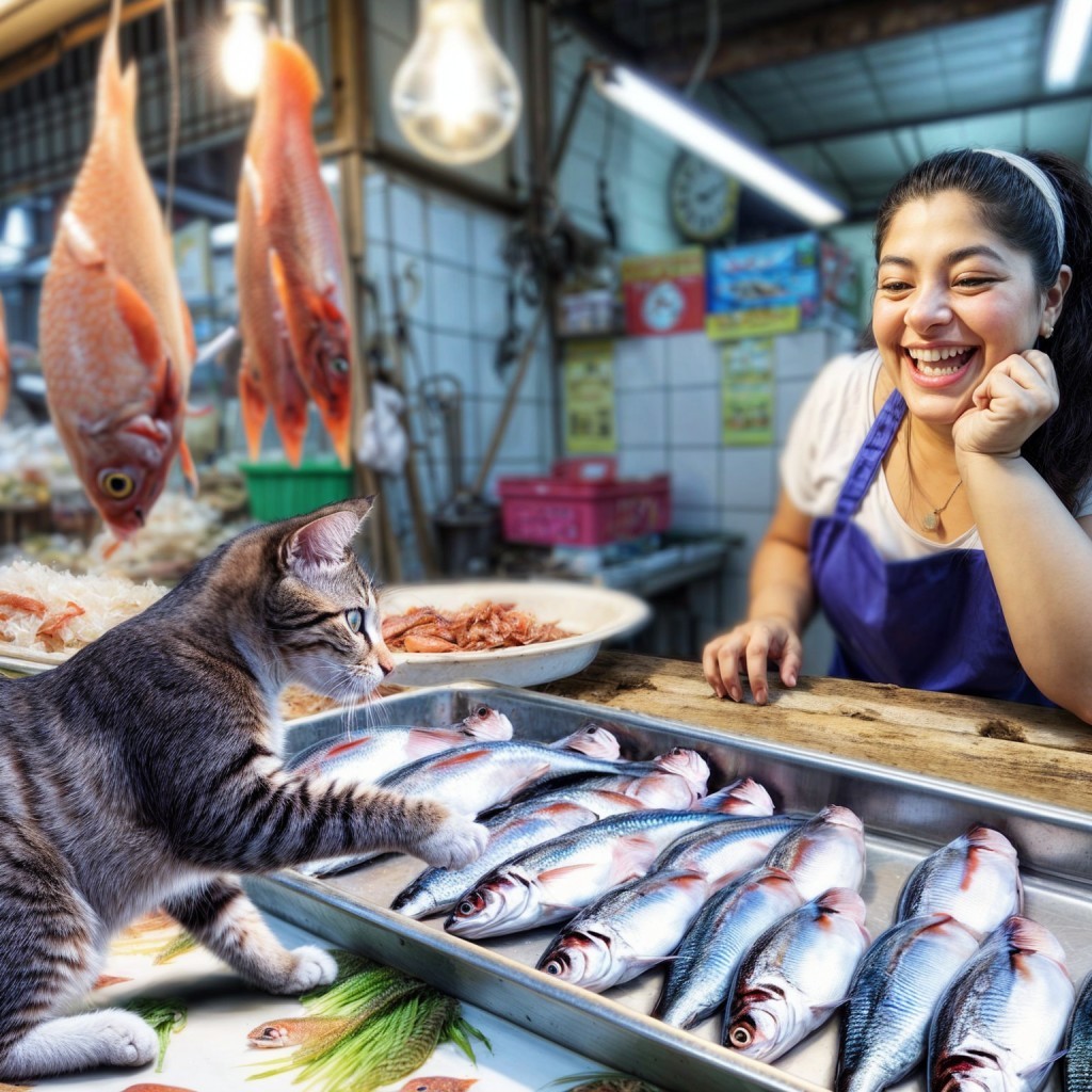 Cheerful woman and cat at a vibrant fish market