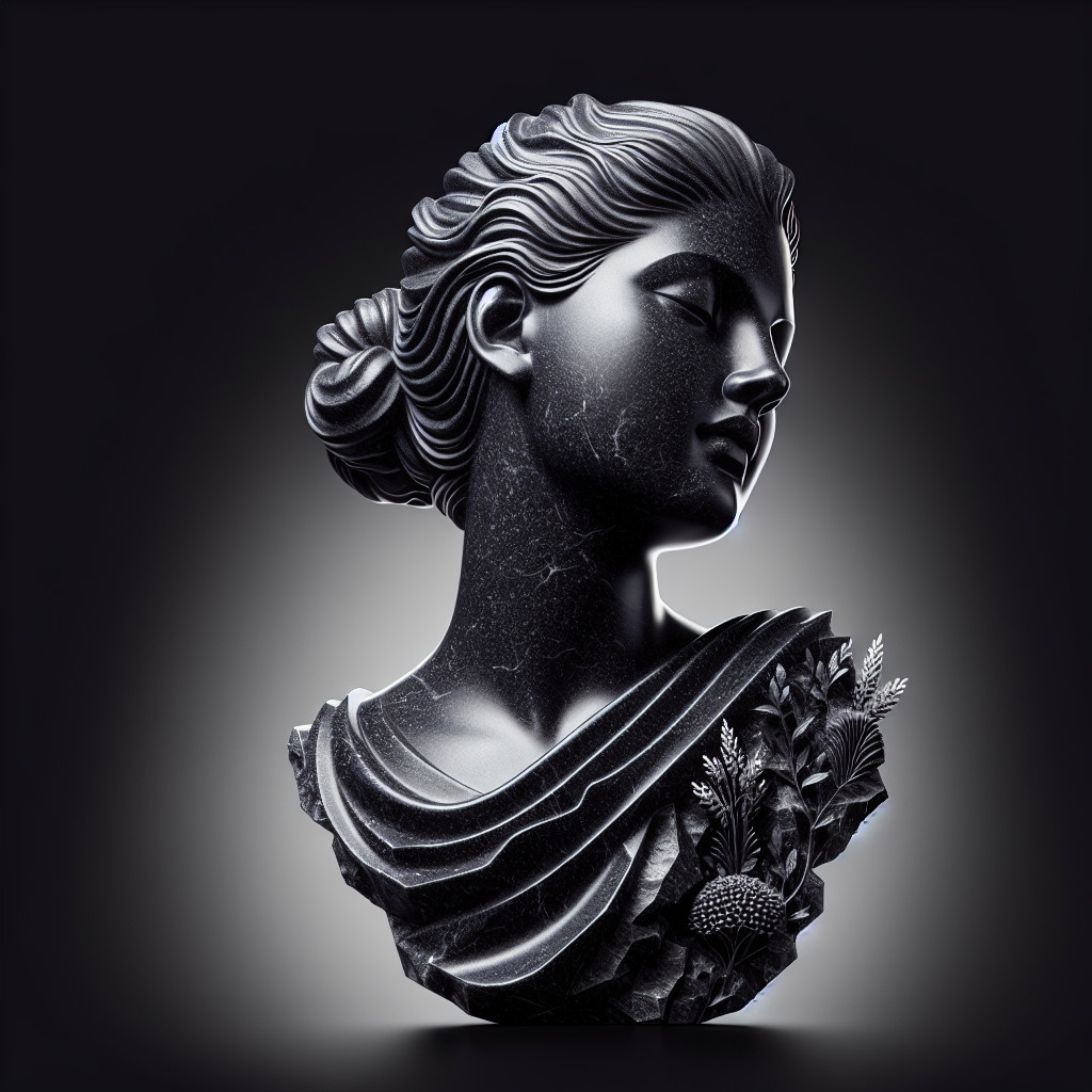 Black Marble Bust of Young Woman with Floral Details