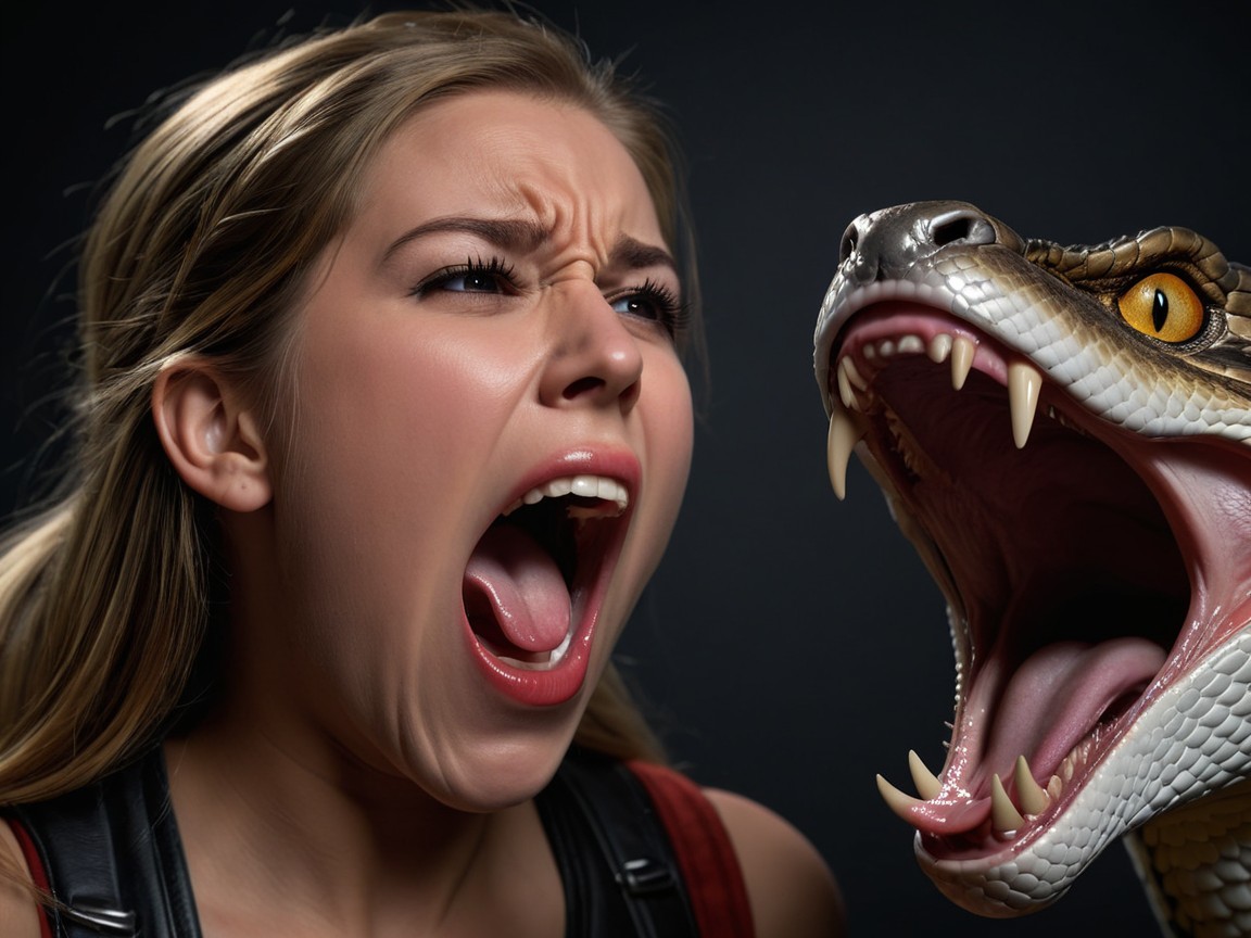 Young Woman Screaming with Snake in Dark Atmosphere