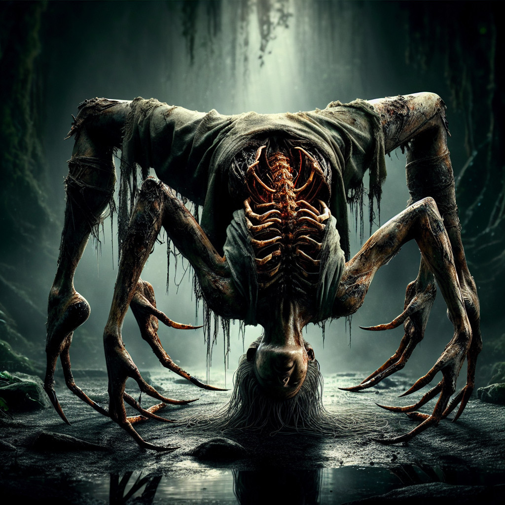 Haunting Figure with Elongated Skeletal Body in Darkness