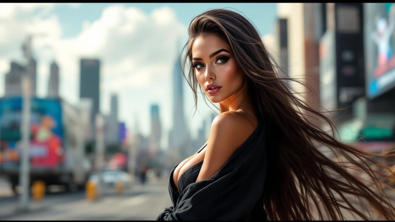 Confident Woman in Black Outfit Against Urban Backdrop