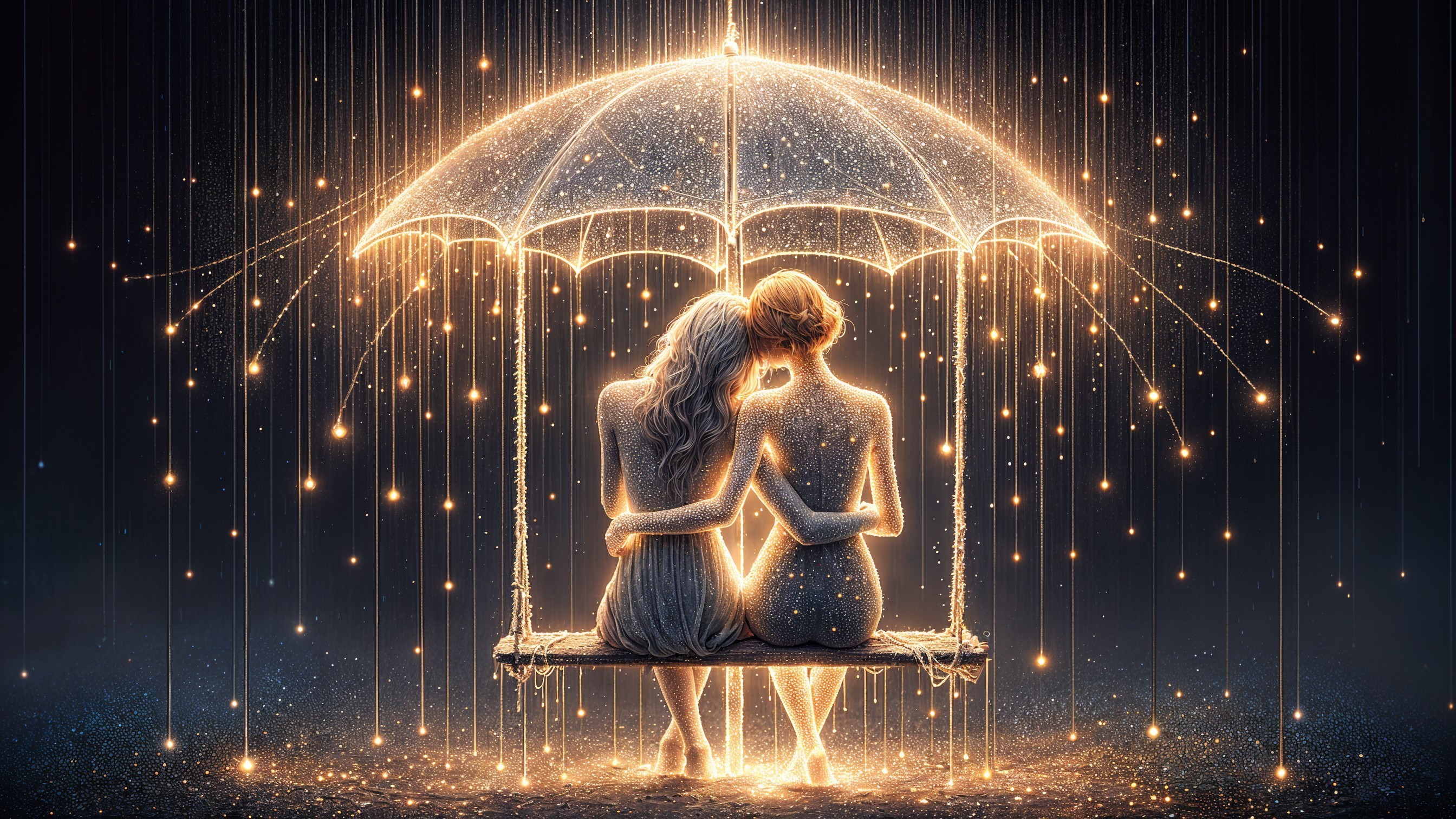 Figures Under Glowing Umbrella in Sparkling Lights