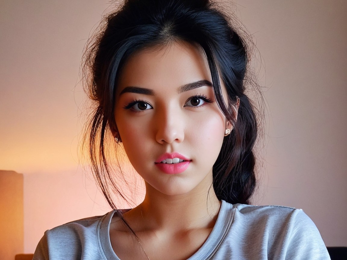 Young woman with dark hair and casual gray top