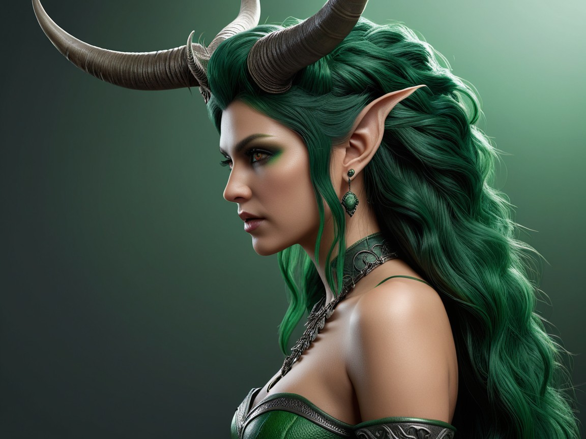 Mystical figure with green hair and elegant horns