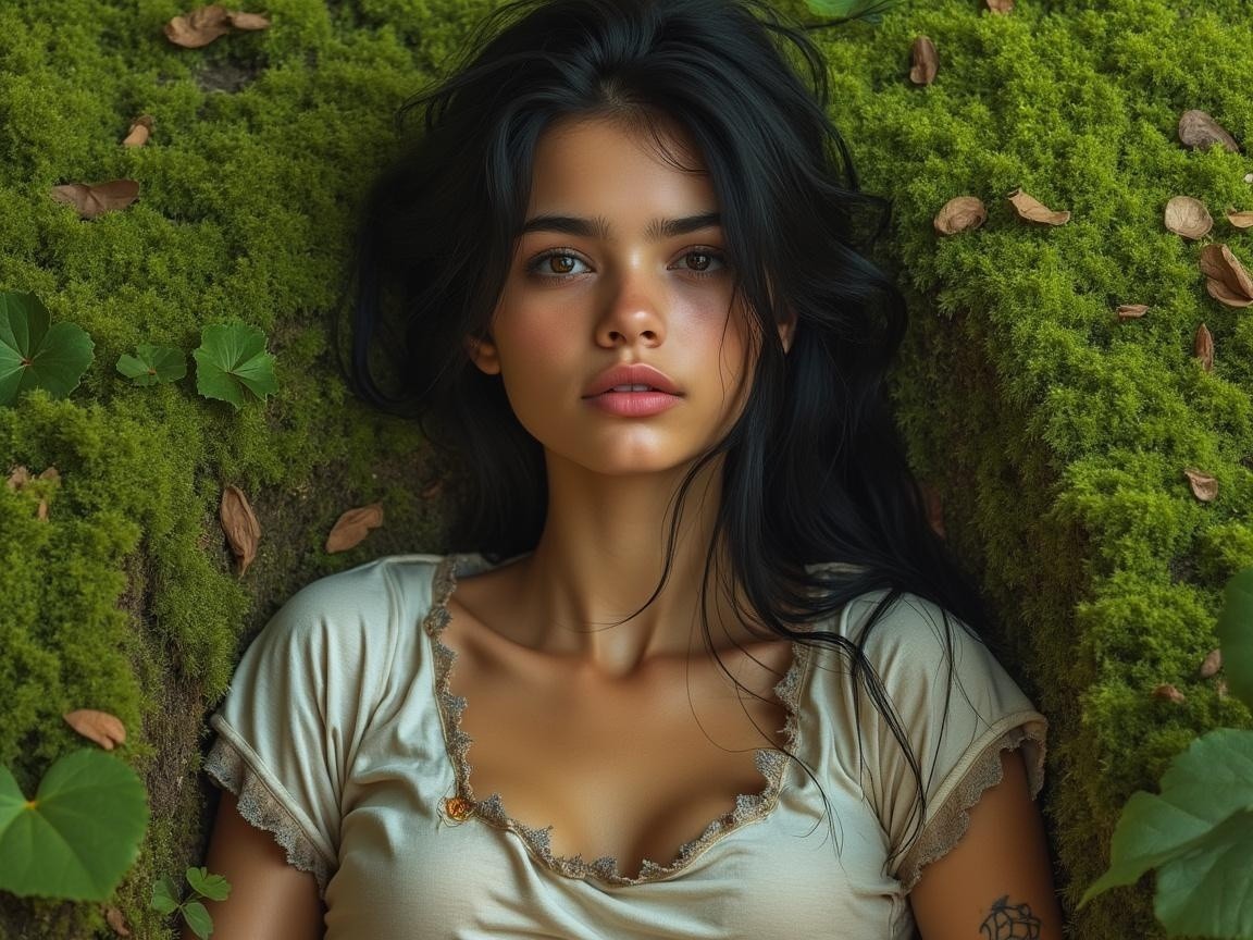 Young Woman in Lush Mossy Forest Setting