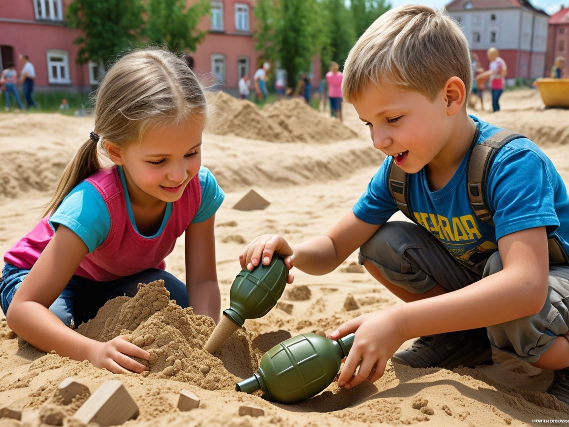 Children Playing in Sand with Toy Grenades