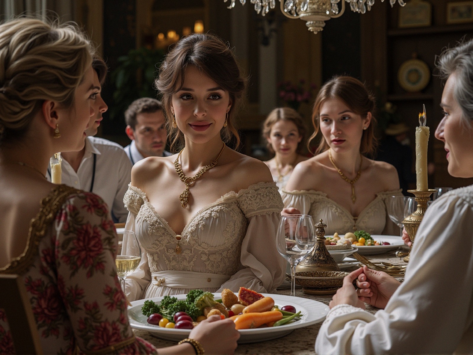 Elegant Dining Setting with Women in Vintage Gowns
