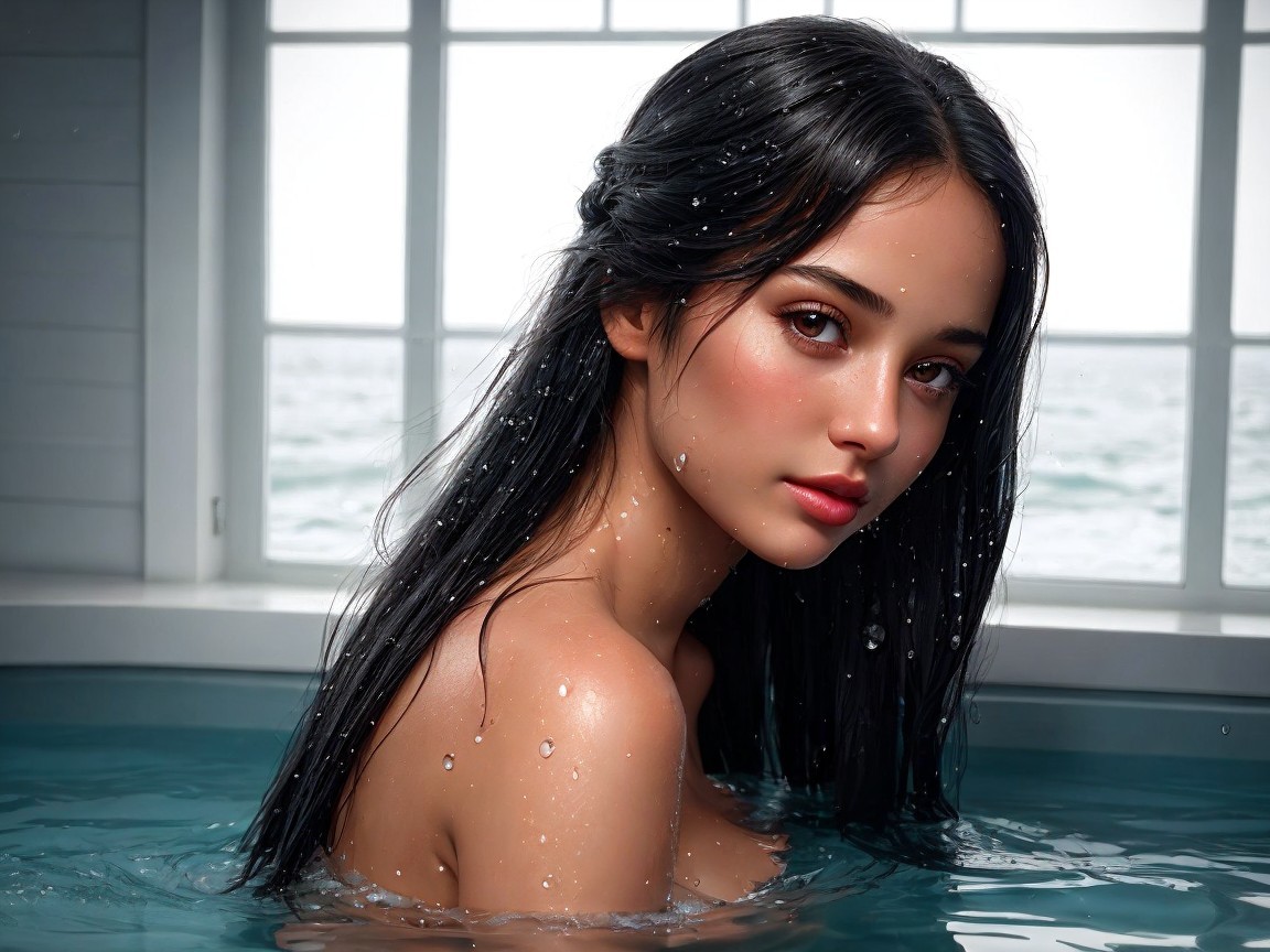Young woman with dark hair in tranquil water setting