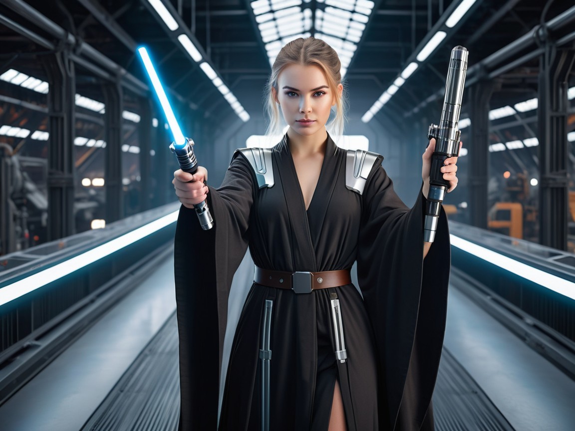 Futuristic corridor with a confident figure and weapons