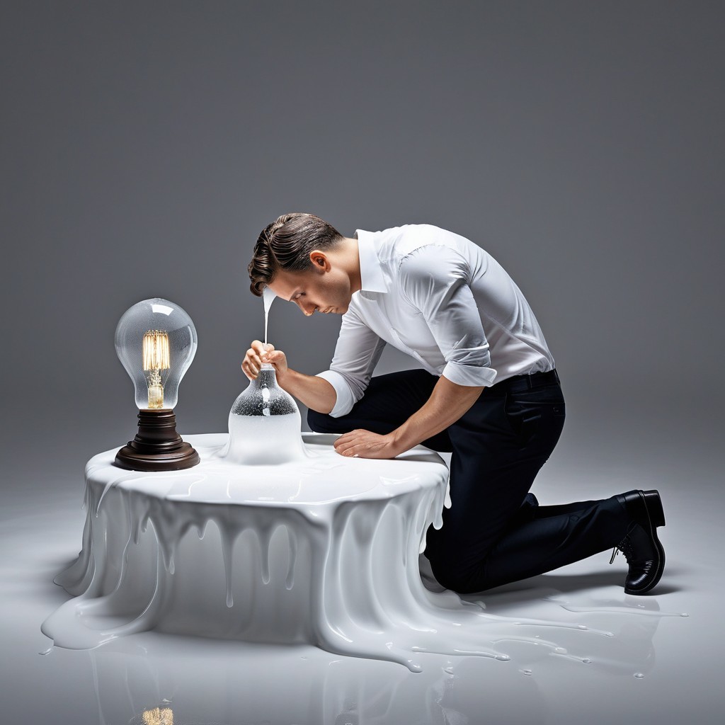 Man Examining Glass Bottle Near Glossy White Substance