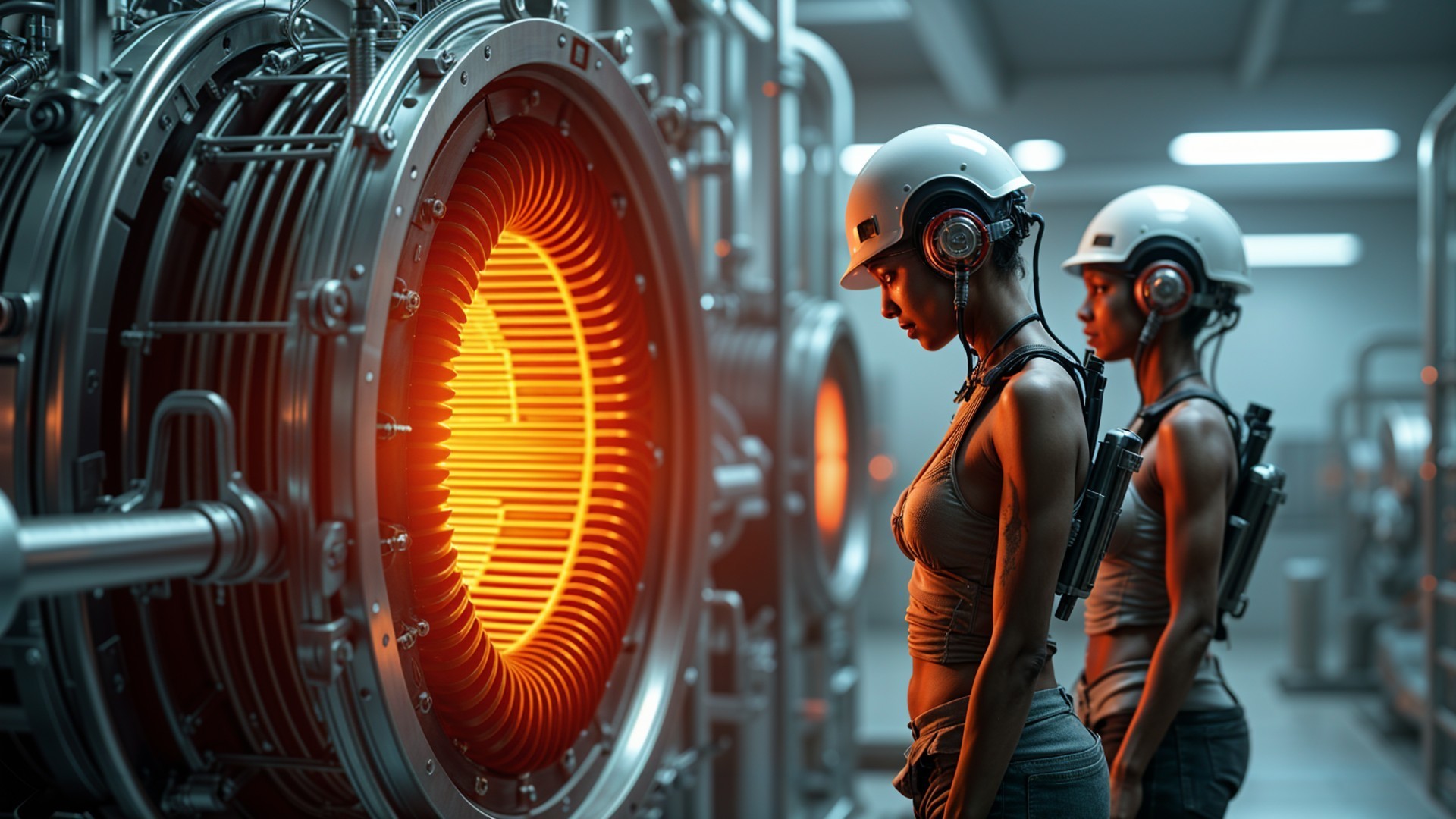 Humanoid Figures in Futuristic Industrial Setting