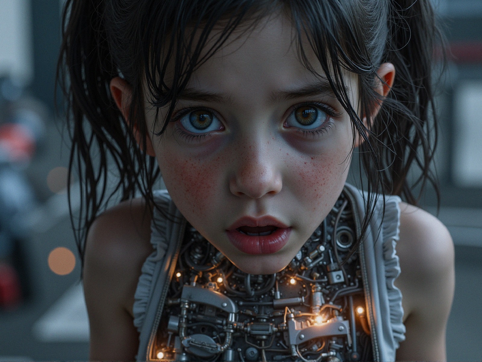 Young girl with freckles and mechanical outfit details