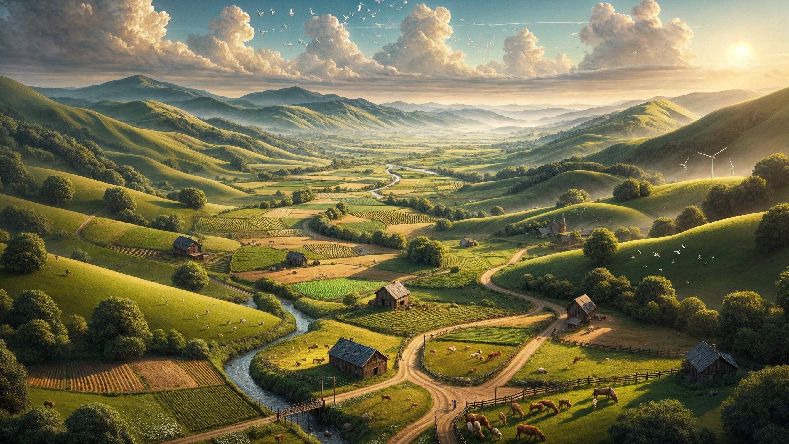 Serene Landscape with Rolling Hills and Winding River