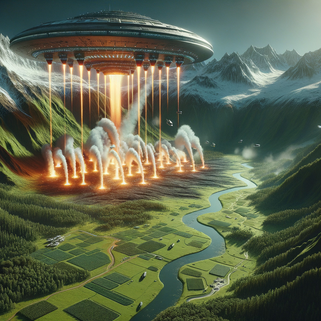 Flying Saucer Over Valley with Mountain Backdrop
