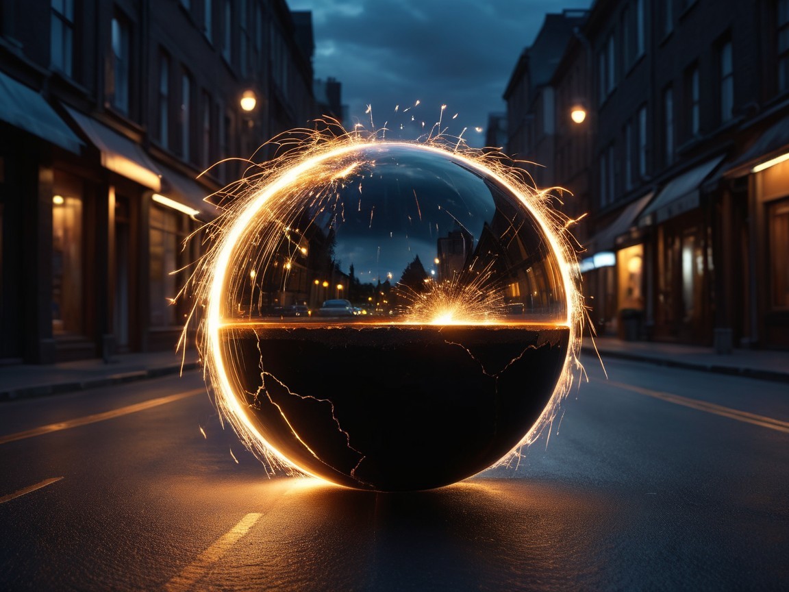 Glowing Sphere Surrounded by Charming Buildings at Night