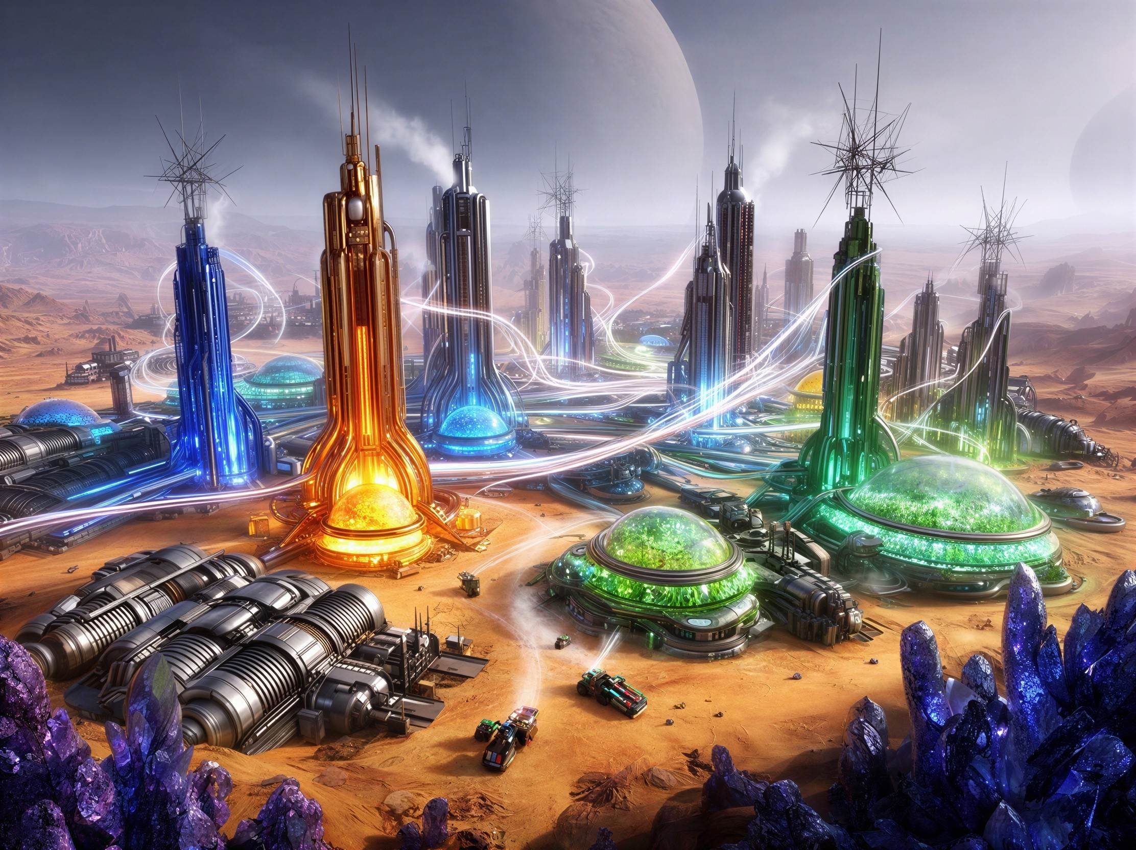 Futuristic sci-fi cityscape on Martian terrain