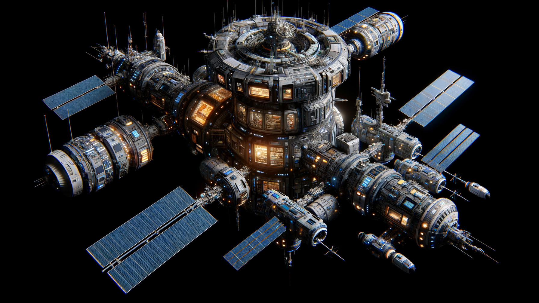 Futuristic Space Station with Cylindrical Modules